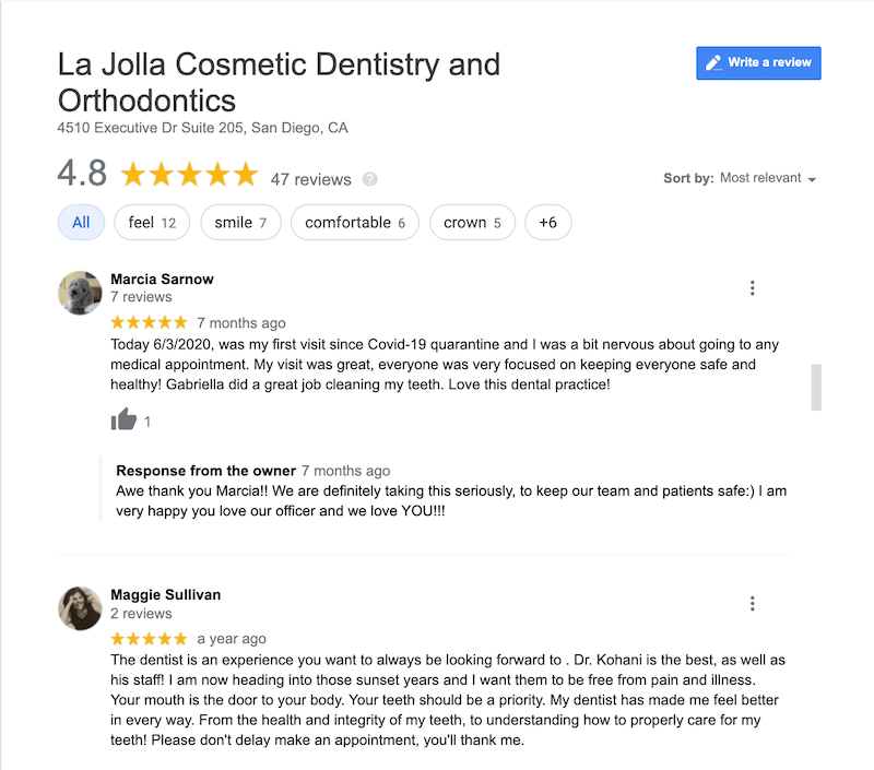 Google review of Dr. Kohani at La Jolla Cosmetic Dentistry & Orthodontics